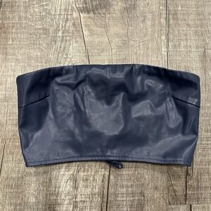 Edikted Faux Leather Corset Tube Top Navy Lace Up Bustier Strapless Small S NWT